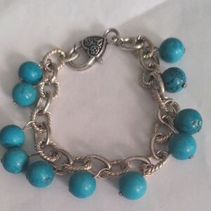 Turquoise gemstone Silvertone Bracelet. Adjustable To 8", New, Heart Clasp.